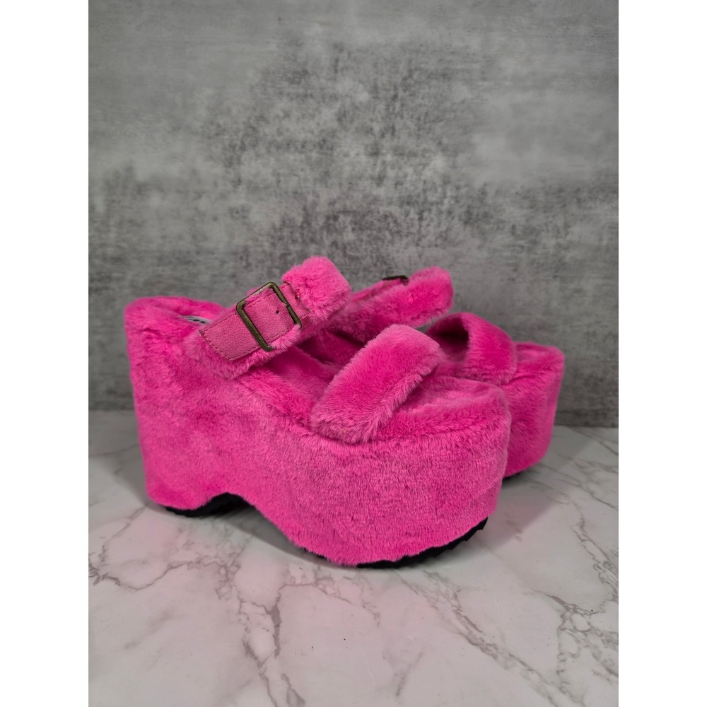 Lemon Drop Sonrisa Fuzy Pink Wedge Platform Sandals Coquette Buckle Strap 7
